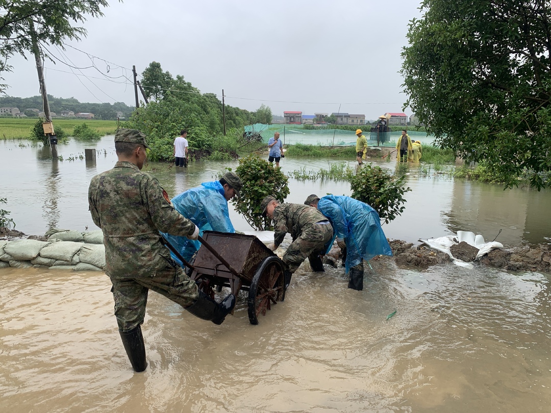 暴雨之中！湘陰百名民兵搶筑1500米子堤