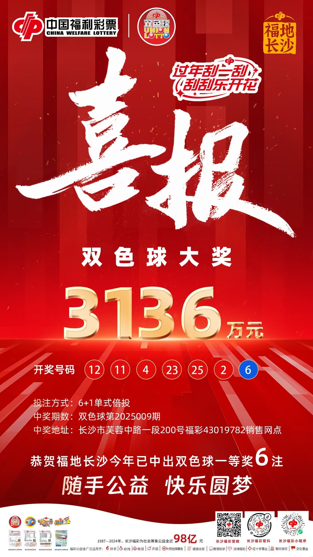 ﻿3136万！长沙喜中双色球5注大奖